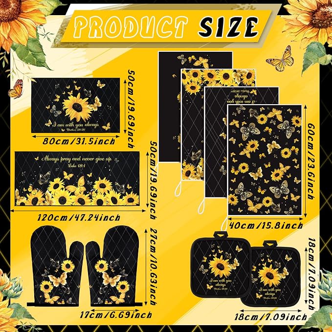 Fourluoo 10 Pcs Sunflower Butterfly Kitchen Dish Towels Rugs Oven Mitts and Pot Holders Set Farmhouse Kitchen Decor Set for Women Mom Daughter Gift Cooking Baking Grilling (Bright Black)