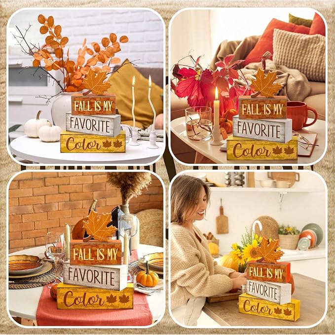 Lineshading 4 Pcs Fall Wooden Block Signs Farmhouse Tabletop Maple Leaf | Rustic Tiered Tray Decor, Stackable Autumn Blocks with Maple Leaf Cutout, Gift for Farmhouse Table Centerpiece Display