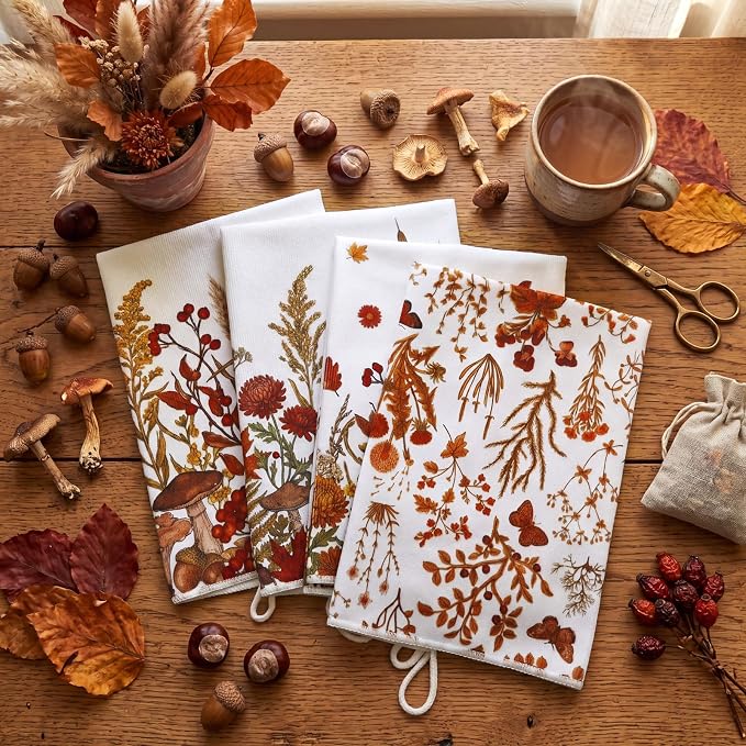4 Pcs Fall Flower Kitchen Towels, Dark Orange Dish Towels Gift | Fast Drying Absorbent Dishcloths with Hanging Loop for Cleaning Cooking, Farmhouse Autumn Kitchen Decor Housewarming Gift