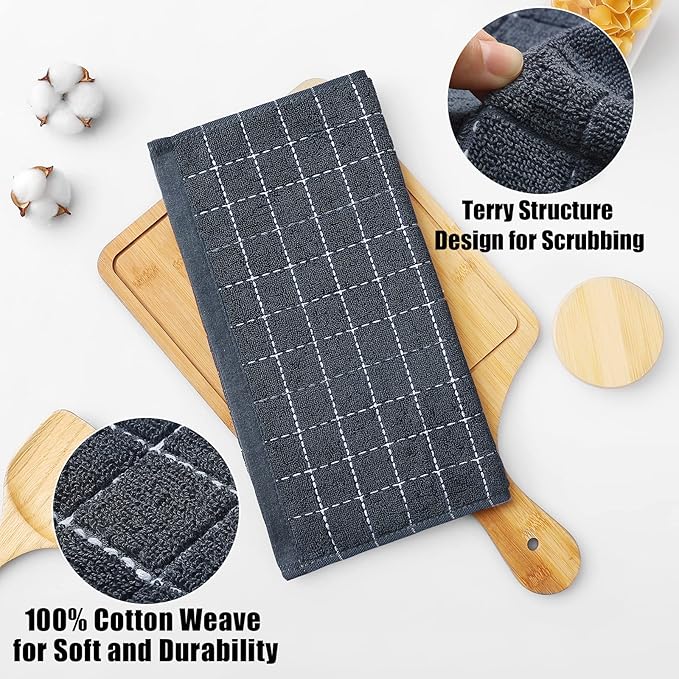 Homaxy 100% Cotton Terry Kitchen Dish Cloths, 6 Pack, Dark Grey | Ultra Soft and Absorbent, Suitable for Drying and Washing Dishes