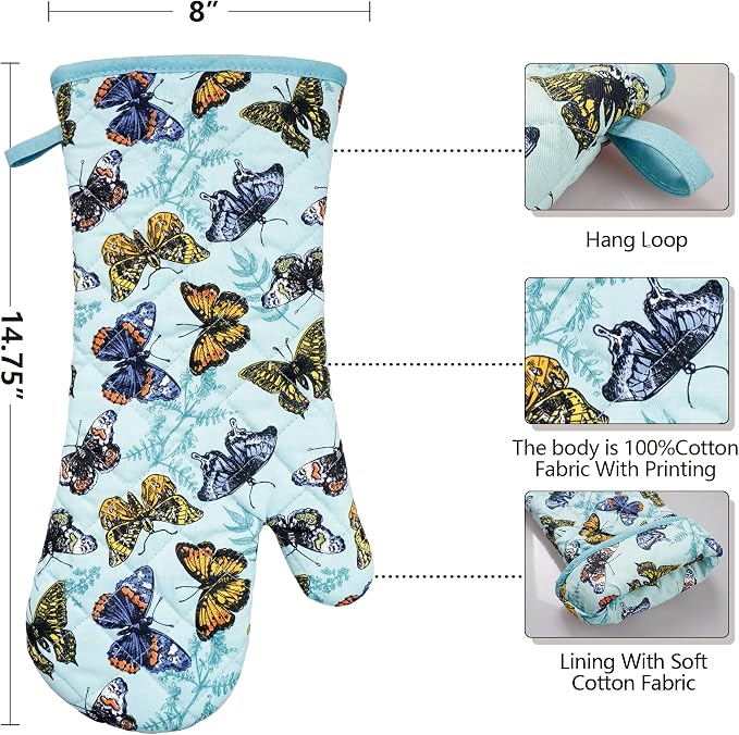 Oven Mitts Cotton Fashion Cute Butterfly Design 1 Pair | Heat Resistant Oven Gloves Safe Cooking Baking Grilling Barbecue Machine Washable Pot holders Christmas Gift (Butterfly)
