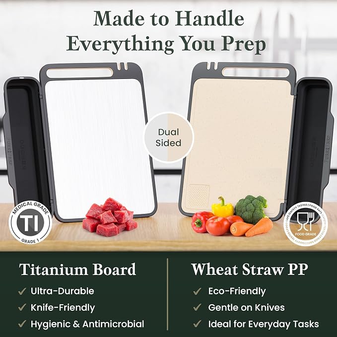 Titanium Cutting Board with Double-Sided Wheat Straw PP Kitchen Use - 16x11 | Titanium Cutting Boards, Chopping Board, Bacteria Resistant, Collapsible Catch, Grater, Knife Sharpener, Healthy, Large