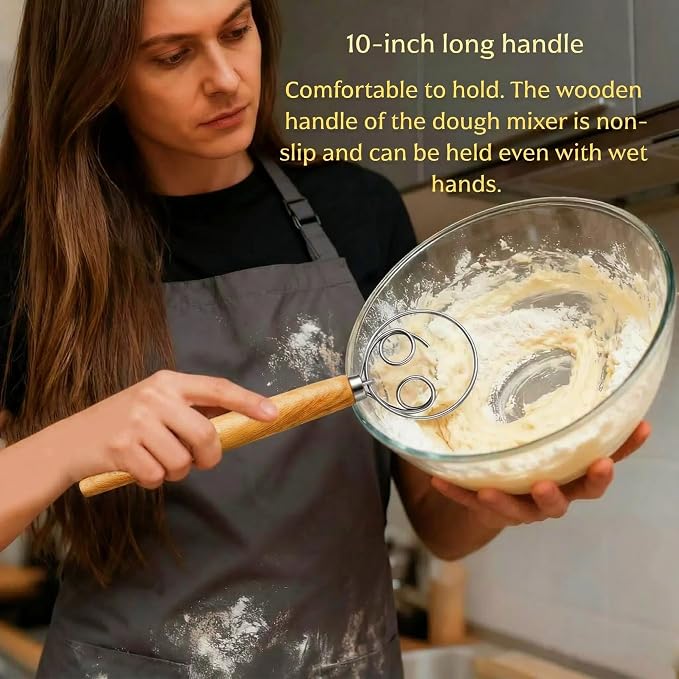 LorisArm Danish Dough Whisk, 13-inch wood handle Stainless Steel Dough Hook Dutch Whisk for Bread Sourdough Mixer Hand Wooden Handle Kitchen Whisking Mixing Tool
