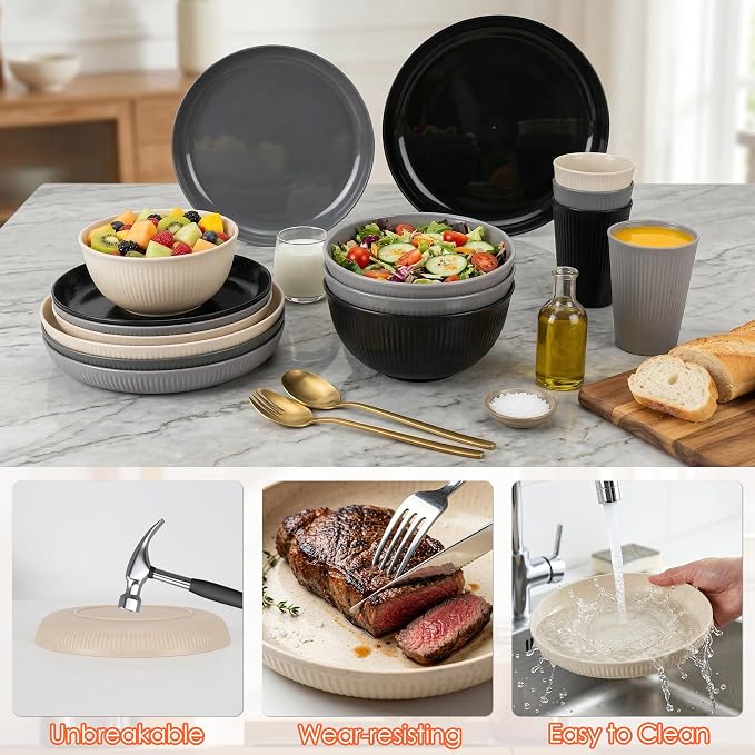 16pcs Wheat Straw Dinnerware Set for 4 People Camping Plates and Bowls Set | Unbreakable Dish Set Reusable Picnic Set, Plates, Cups, Bowls, Microwave and Dishwasher Safe