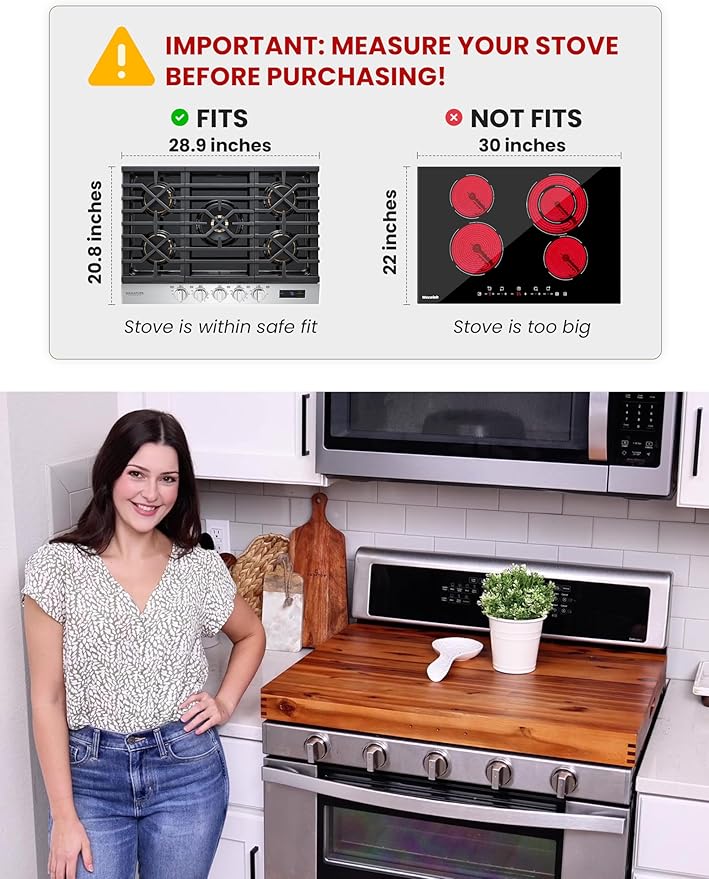 TIDITA Stove Top Covers for Electric Stove, Noodle Board, 30”x22” (Outer) | 28.9”x20.8” (Inner), Acacia Wood, Integrated Handles, Non-Skid Pads, X-Large Wooden Noodles Board stove cover, Multi-Use