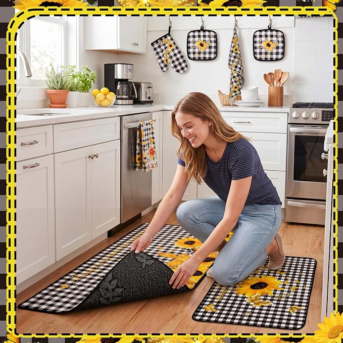 Fourluoo 10 Pcs Sunflower Kitchen Decor and Accessories Black and White Buffalo Plaid Kitchen Towels Rugs Oven Mitts and Pot Holders Set Sunflower Decorations Set for Cooking Baking Grilling Mom Gift