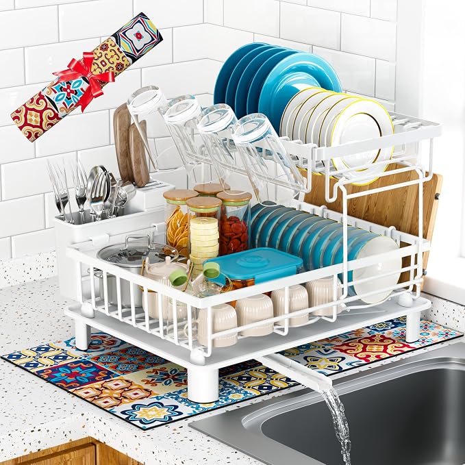 Large 2 Tier Detachable Dish Drying Rack for Kitchen Counter,White | Compact Dish Drainer, Rust-Resistant Dish Rack with Drainboard, Utensil Holder, Cup Holder for Small Space,Kitchen Organizer