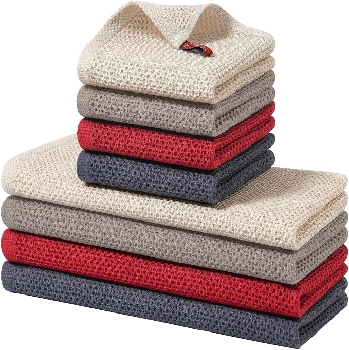 Homaxy 8 Pack 100% Cotton Kitchen Towels and Dishcloths Set, Mixed Color | 12 x 12 Inches and 13 x 28 Inches Kitchen Towels Set, Ultra Soft Absorbent Dish Cloths for Washing Dishes