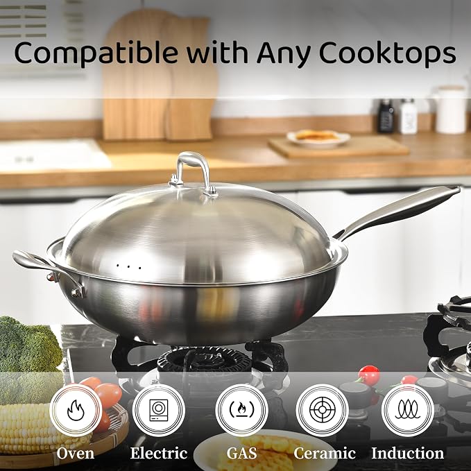 LOLYKITCH 14.5 Inch Stir-Frying Wok Pan with Steel Lid | Tri-Ply Stainless Steel | Induction Cooking Wok Pan | Dishwasher and Oven Safe | Heavy Duty | Detachable Handle