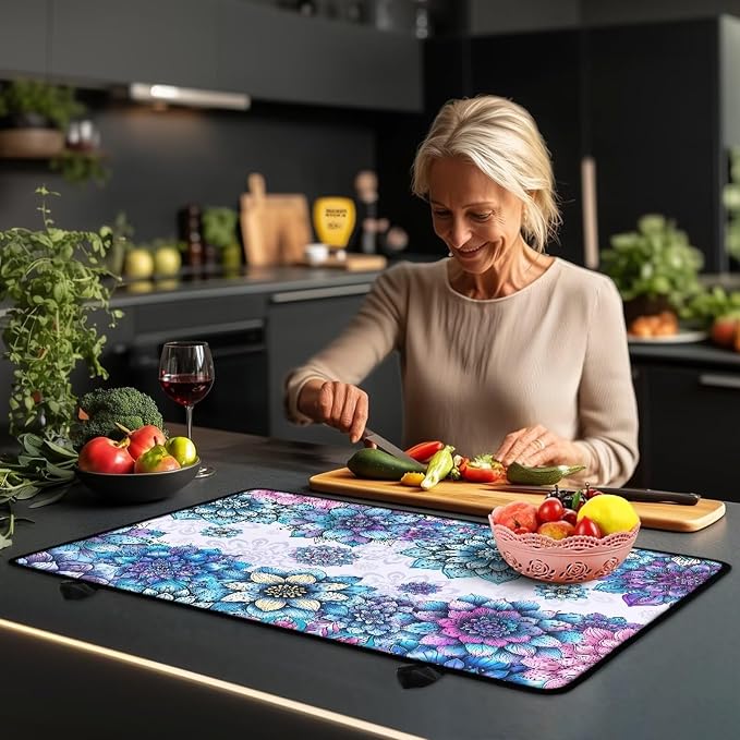 Bohemian Lotus Flower Print Stove Top Covers for Electric Stove Heat Resistant Silicone Cooktop Cover Anti-Slip Stovetop Protector Coffee Machine Mat for Kitchen, 29.18 x 20.96 inch