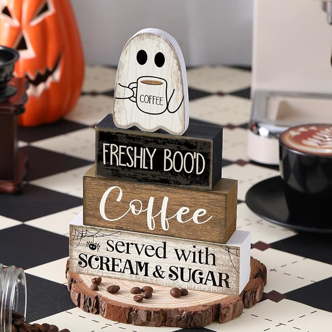 Lineshading 4 Pcs Halloween Coffee Table Decor Wooden Ghost Coffee Bar Sign | Stackable Blocks Bar Farmhouse Rustic Ghost Tiered Tray Decor Festive Boo Wooden Signs Home Office Kitchen Shelf