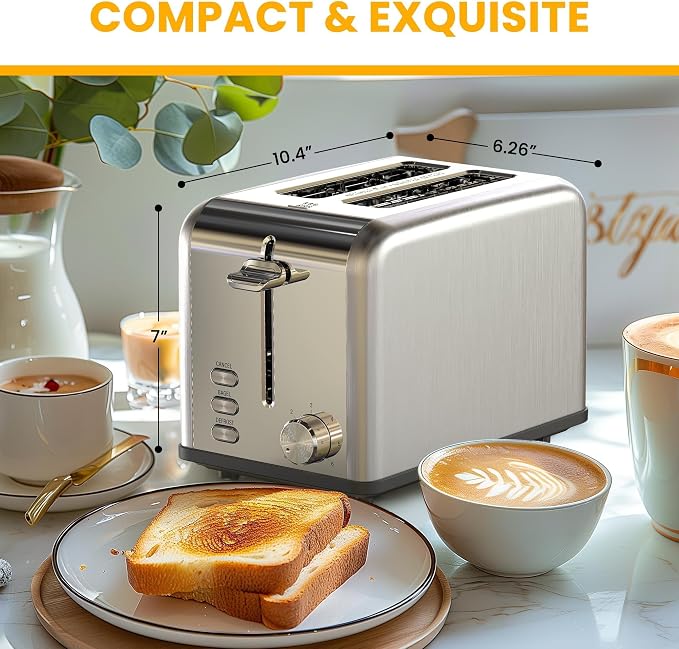 Simple Deluxe 2-Slice Toaster, 6 Browning Setting and 3 Function Stainless Steel Toaster, Extra Wide Slot & Removable Crumb Tray, for Bread & Waffle, Silver