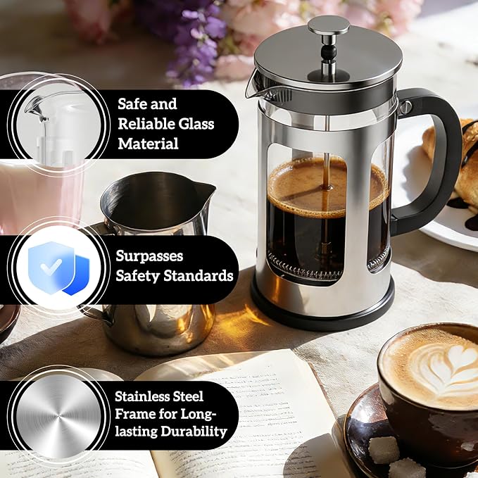 French Press Coffee Maker 34oz, Heat Resistant Thickened Glass Stainless Steel Brewer, Easy to Clean, 4-Level Filtration, Cold Brew Cafe/Tea Pot for Kitchen Camping Travel, Gifts, Bar