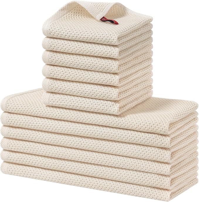 Homaxy 12 Pack 100% Cotton Kitchen Towels and Dishcloths Set, Beige | 12 x 12 Inches and 13 x 28 Inches Kitchen Towels Set, Ultra Soft Absorbent Dish Cloths for Washing Dishes