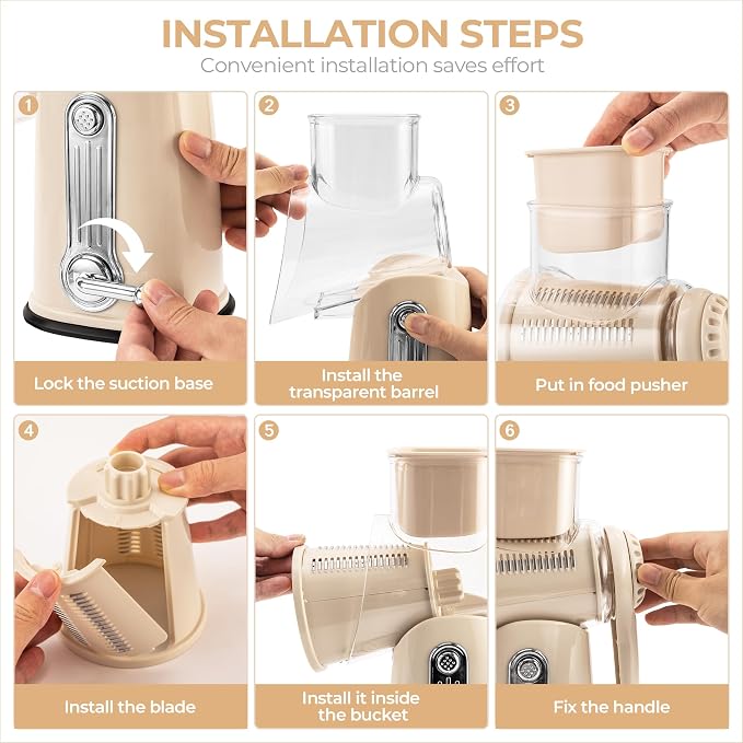 SUSTEAS Rotary Cheese Grater 5 Blades,Kitchen Mandoline Vegetable Slicer | Beige, Easy to Clean, Strong Suction Base, 5 Blades Storage Box, Round Mandoline Slicer & Food Chopper for Salad