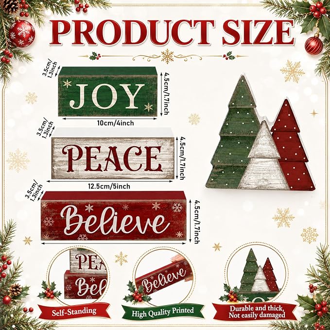 Lineshading 4 Pcs Christmas Table Decor, Wooden Tree Block Sign Home Tray | Red Green White Rustic Tree, Christmas Centerpiece For Tiered Tray, Wooden Block Display, Holiday Kitchen Shelf Home Decor