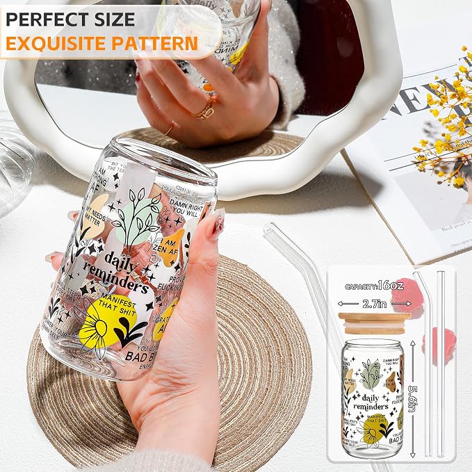 DWTS DANWEITESI Glass Cups with Lids and Straws with Design 4 pcs（Daily Reminder）,Clear Glass Cups 16 oz-Glass Tumbler,Cute Design Glass Iced Coffee Cups Mental Health Positive 480ml