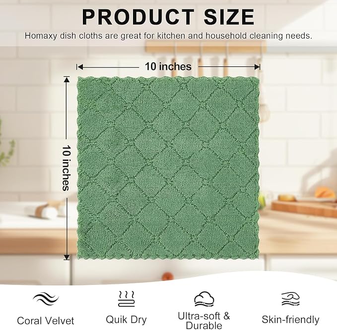 Homaxy 18 Pack Super Soft Absorbent Dish Cloths, 10" x 10", Grass Green | Coral Velvet, Nonstick Oil Fast Drying Microfiber Cleaning Cloth, No Lint Household Dishcloths