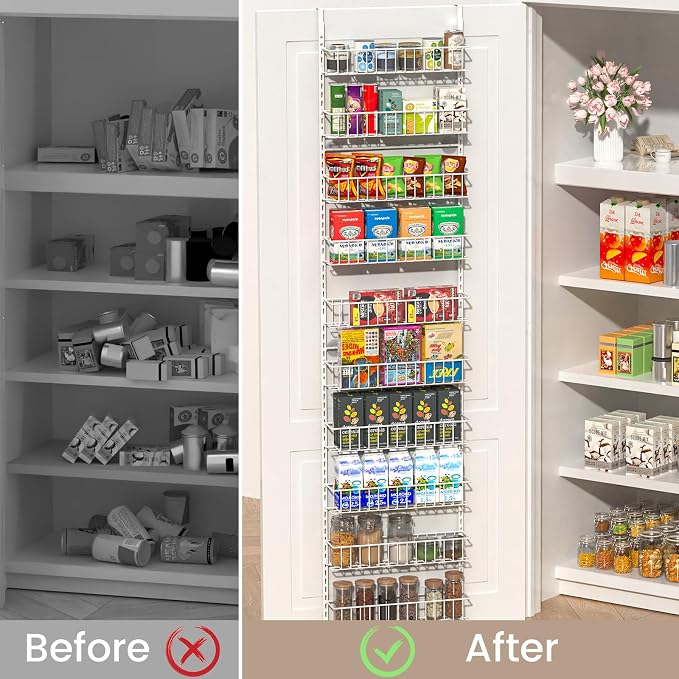 ElegantArray 10-Tier Pantry Door Organizer, White | Over The Door Pantry Organizer Rack and Storage, Hanging Spice Rack Shelves Door, Home Office Laundry Room Bathroom & Kitchen