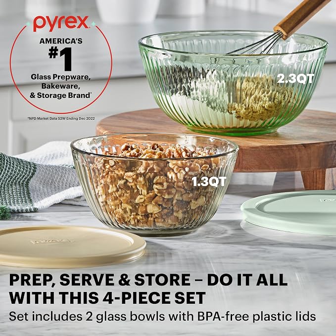 Pyrex Colors (2-Pack) Sculpted Tinted Small/Medium Glass Mixing Bowls | 1.3QT & 2.3QT nesting bowls with plastic lids, for prepping & baking