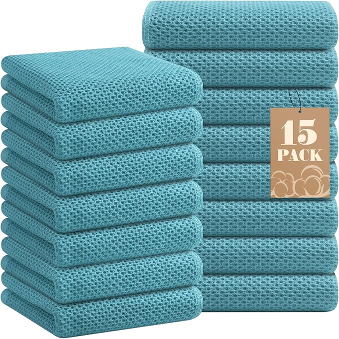 Homaxy 100% Cotton Waffle Weave Kitchen Towels, 15-Pack, Lake Blue | Ultra Soft Absorbent Dish Towels, Quick Drying Cleaning Towels, 13 x 28 Inches
