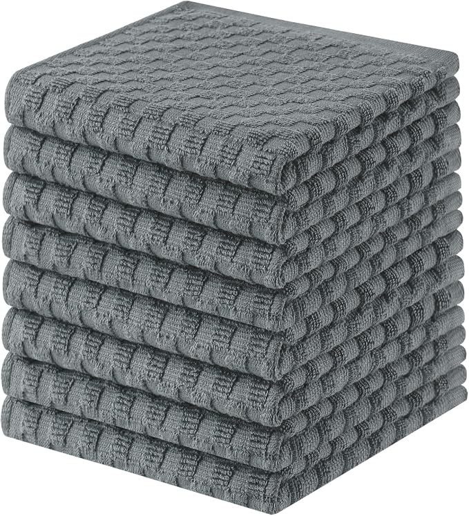 Homaxy 100% Cotton Terry Dish Cloths, 12"x12", 8-Pack, Dark Grey | Ultra Soft Absorbent Dish Towels with Hanging Loop, Pineapple Grid Designed