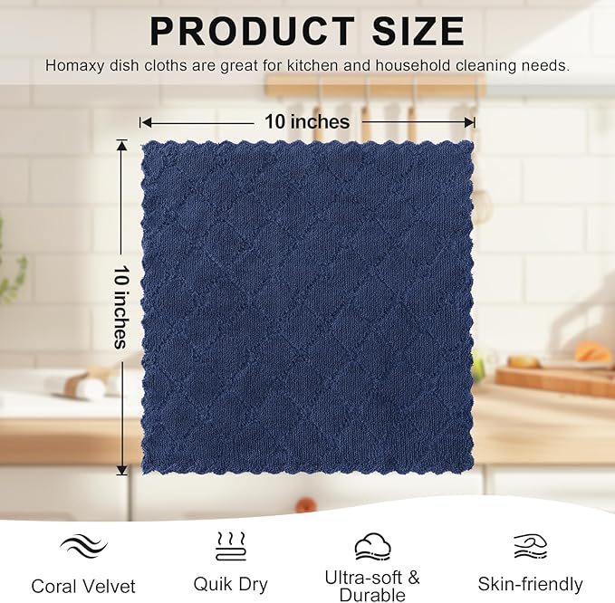 Homaxy 12 Pack Super Soft & Absorbent Dish Cloths, 10" x 10", Navy Blue | Coral Velvet, Nonstick Oil Fast Drying Microfiber Cleaning Cloth, No Lint Household Dishcloths
