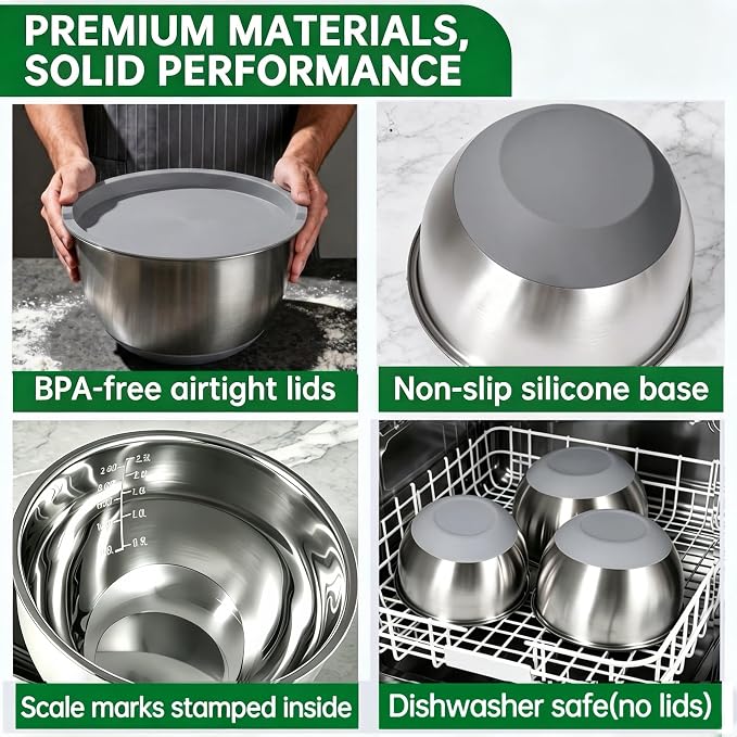 Deedro Mixing Bowls with Airtight Lids, 22Pcs Stainless Steel Mixing Bowls Set Nesting Bowls with Non-Slip Silicone Base, thicker Metal Bowls for Baking & Prepping, 1.5/2/3/4/5 QT, Gray
