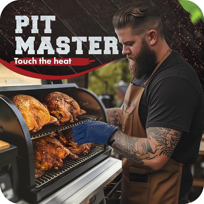 KITCHEN PERFECTION XL Silicone Smoker BBQ Gloves -Heat Resistant Oven Mitts | Waterproof, 5-Finger Design For A Better Grip, for Pitmasters, Meat Smoking, Grilling, Cooking, Frying Turkey | Grill Gift