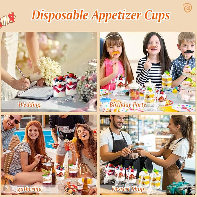 mwellewm 120 Pcs Dessert Cups with Spoons 60 Pcs 4 OZ Mini Clear Plastic Dessert Parfait Cup 60 Pc Spoons for Party Small Round Serving Goblet Wine Shot Disposable Mousse Pudding Appetizer Bowl