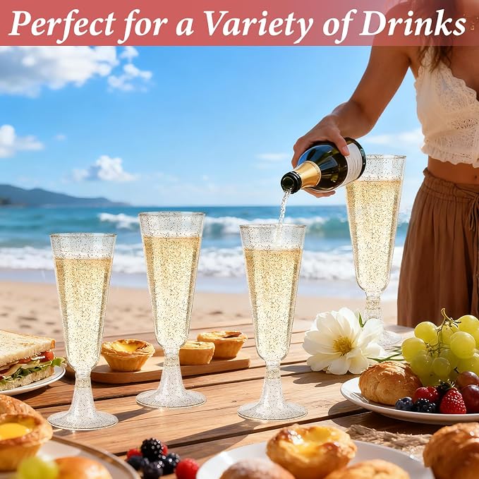 GuanQiao 100 Pack Plastic Champagne Flutes, 5.5 OZ Disposable Plastic Champagne Glasses with Gold Glitter, Wine Glasses Cups for Wedding Celebration Party Wine Tasting New Years Eve Supplies