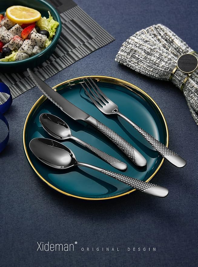 16-Piece Modern Black Hammered 18/10 Stainless Steel Silverware Set | Ultra Sharp 2-IN-1 Serrated Knives, Ergonomic Non-Slip Handles, Service for 4, Rust Resistant, Dishwasher Safe