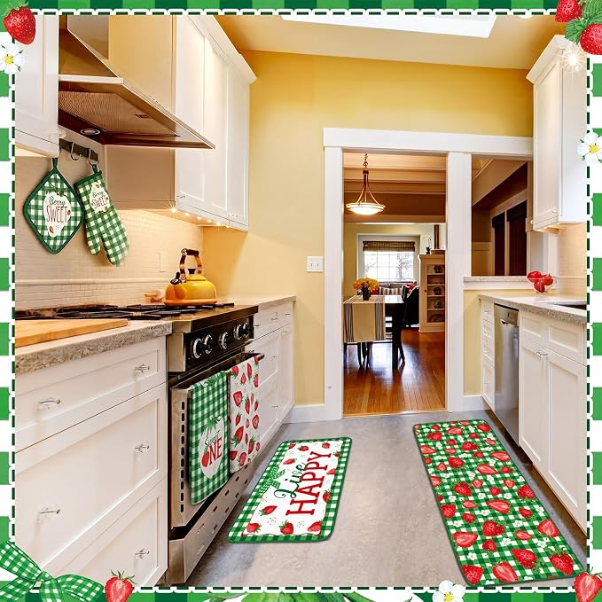 Fourluoo 10 Pcs Strawberry Kitchen Decor Set Dish Towels Rugs Oven Mitts and Pot Holders for Cooking Baking Grilling Women Mom Gift