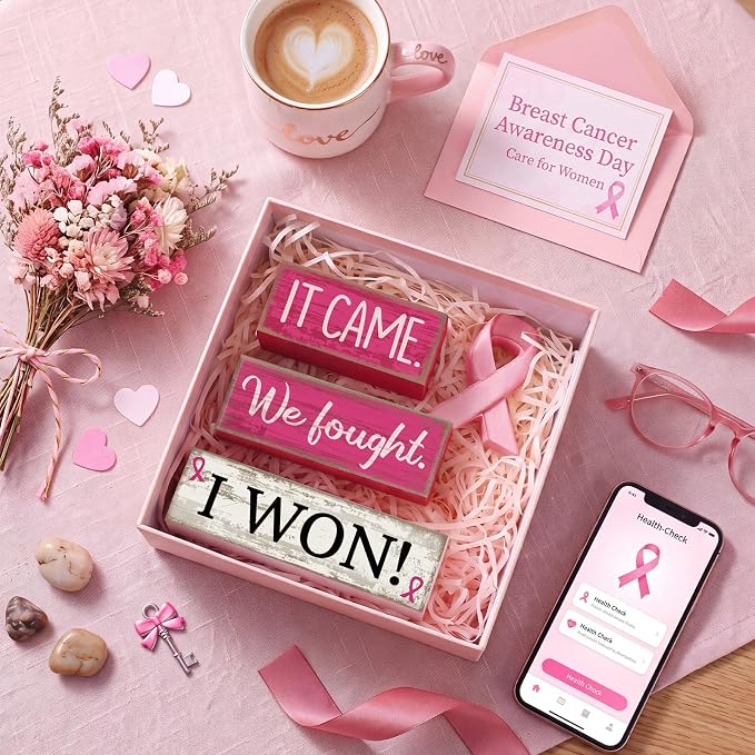 Lineshading 4 Pcs Breast Cancer Wooden Block Signs Farmhouse Decor | Rustic Table or Tiered Tray Decor, Pink Ribbon Survivor Gift, Wooden Blocks with Inspirational Messages for Home Awareness