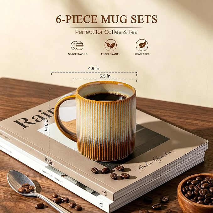 theterra Ceramic Coffee Mugs Set of 6, 14.2 oz Coffee Cups with Handle | Handmade, Suitable for Latte, Tea, Milk, Beer & Hot Cocoa, Dusk Blue
