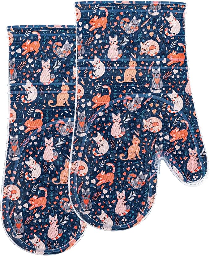 Oven Mitts with Transparent Clear Silicone Shell and Nice Cat Printing | Kitchen Mittenes Cotton Lining Set of 2, Heat Resistant to 500 F Oven Gloves Pot Holder for Cooking (Navy, Cat, mitts)