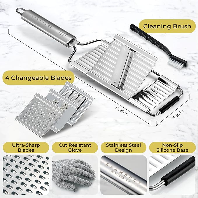 Gramercy Handheld Mandoline Slicer for Kitchen - Stainless Steel Veggie & Fruit Slicer with 4 Blades - Slicer, Julienne & Grater, Cut Resistant Safety Glove & Cleaning Brush Included, Dishwasher Safe