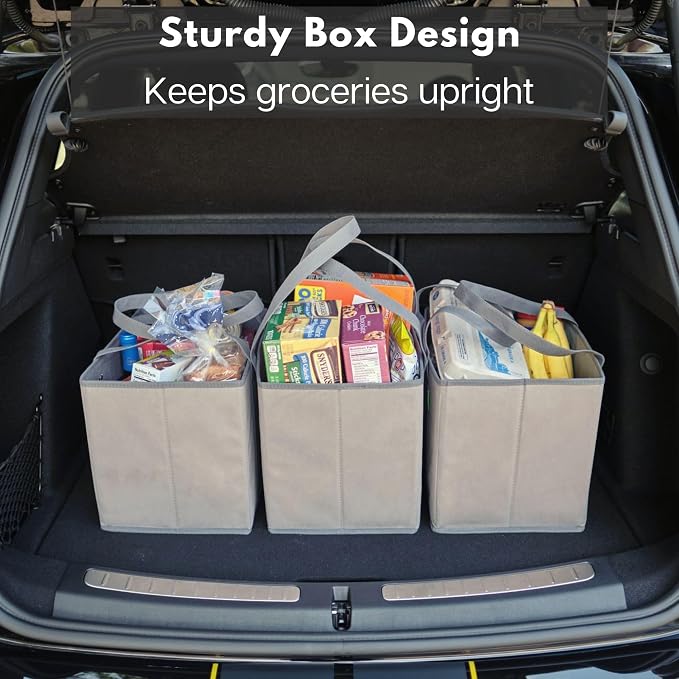 Creative Green Life Reusable Grocery Bags (3 Pack) – Heavy Duty Reusable Shopping Bags with Box Shape to Stand Up, Stay Open, Fold Flat – Large Tote Bags with Long Handles & Reinforced Bottom (Gray)