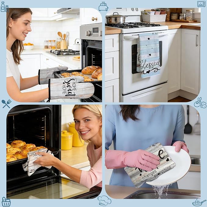 8 Pcs Kitchen Decor Accessories Set Farmhouse Towels Pot Holders Oven Mitts Set 4 Dish Towels 2 Potholders 2 Cooking Mittens Oven Glove for Mother’s Day Baking Cooking(Brown Green,Kitchen)