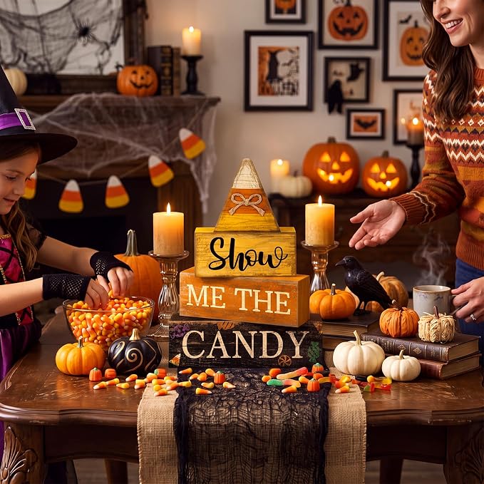 Lineshading 4 Pcs Halloween Table Decoration Candy Corn Wooden Stacked Sign | Rustic Stacked Blocks for Tabletop, Show Me the Candy Theme, Fall Halloween Home Decorations, Tiered Tray Display