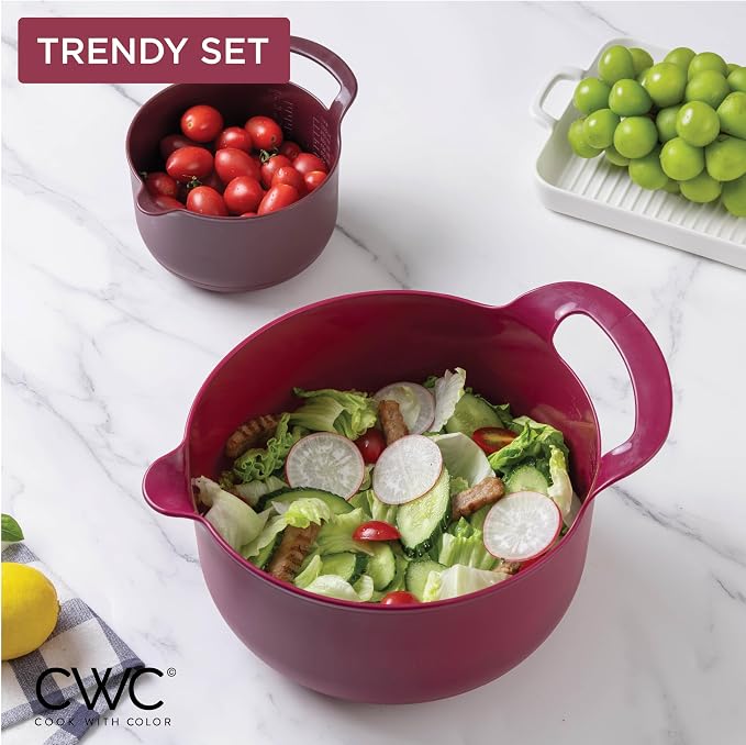 COOK WITH COLOR Nesting Plastic Mixing Bowl Set with Pour Spouts and Handles, Rose, 6 Piece Non-Slip