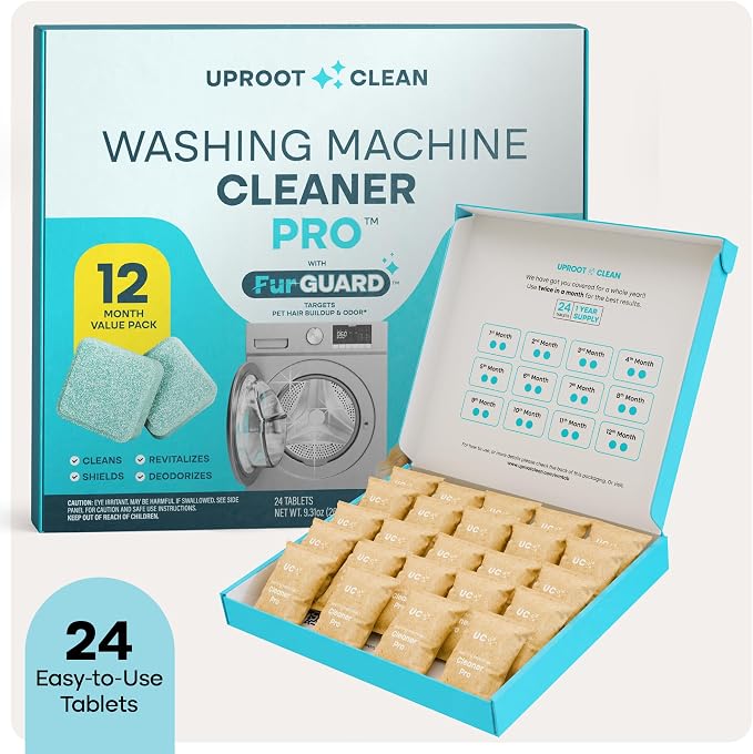 Uproot Clean Washing Machine Cleaning Tablets for Pet Owners, 24 Pack | HE/Top/Front Load Compatible, 12 Month Supply, Easily Removes Residue, Grime, and Odors, Formulated for Pet Owners
