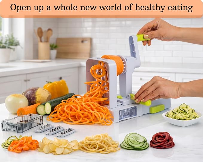 Brieftons QuickFold 5-Blade Spiralizer: Compact Foldable Manual Vegetable Spiralizer & Zucchini Noodle Maker, 5 Japanese Stainless Steel Blades, Spaghetti Maker for Potatoes, Keto Paleo Gluten-Free