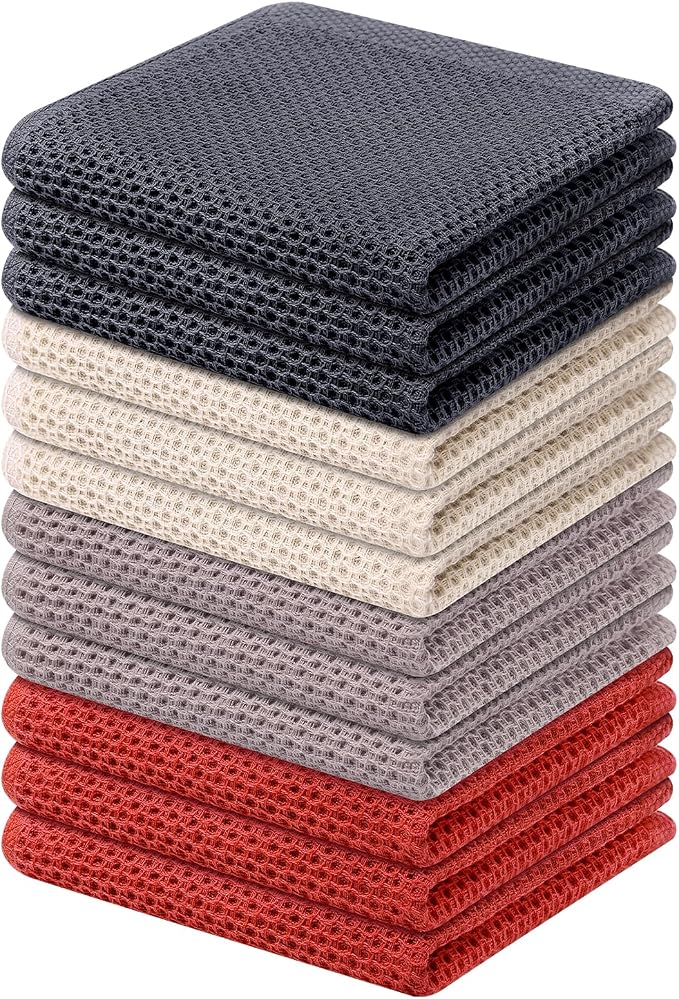 Kitinjoy 100% Cotton Waffle 12-Pack Kitchen Towels, 12" x 12", Multicolor | Ultra Absorbent, Super Soft, lightweight, Quick Drying Dish Rags for Washing Dishes