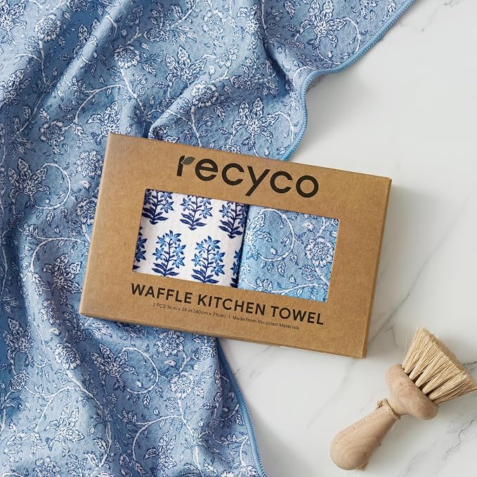 RECYCO Waffle Kitchen Towel Set of 2 - Quick Dry Microfiber Sustainable Dish Towels - Ultra Absorbent Reusable Cleaning Tea Towels - Lightweight Hand Towels,16”x 28”, Porcelain Blue