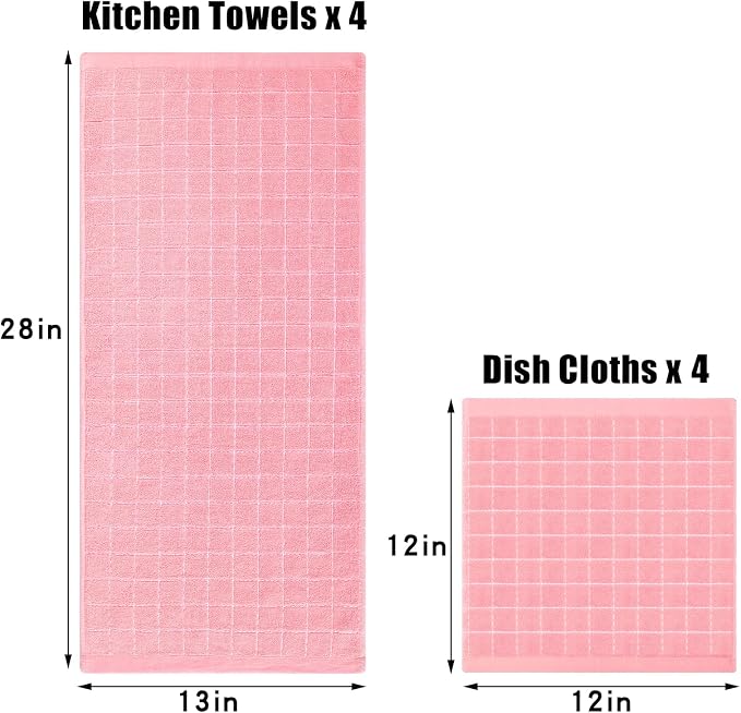 Homaxy Kitchen Towels and Dishcloths Set, Set of 8, Pink | Bulk Cotton Terry Kitchen Towels, Checkered Designed, Soft and Super Absorbent Dish Towels, 12 x 12 and 13 x 28 Inches