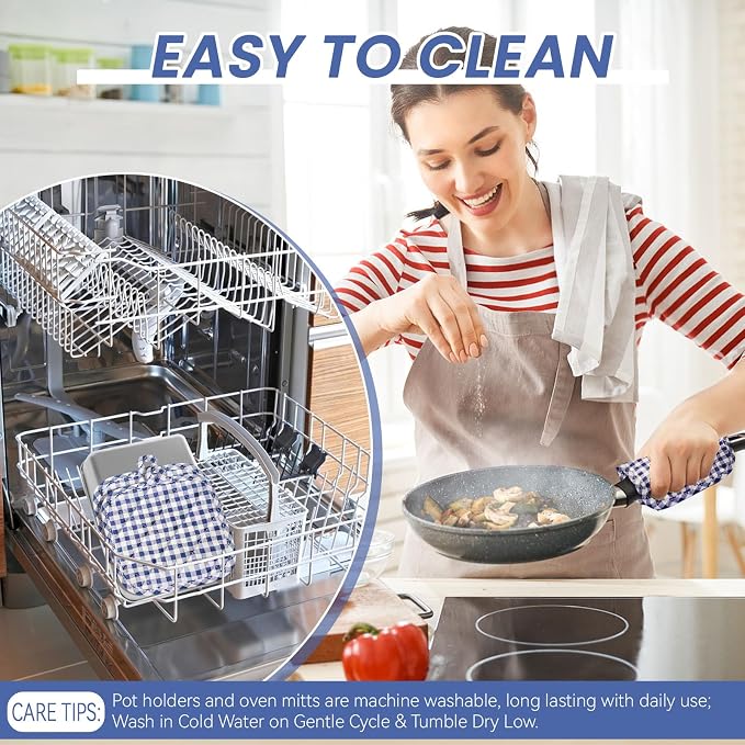 4pcs Pot Holders for Kitchen, Cotton Kitchen Hot Pads, Heat Resistant Oven Mitts and Pot Holders Sets (Blue Tartan)