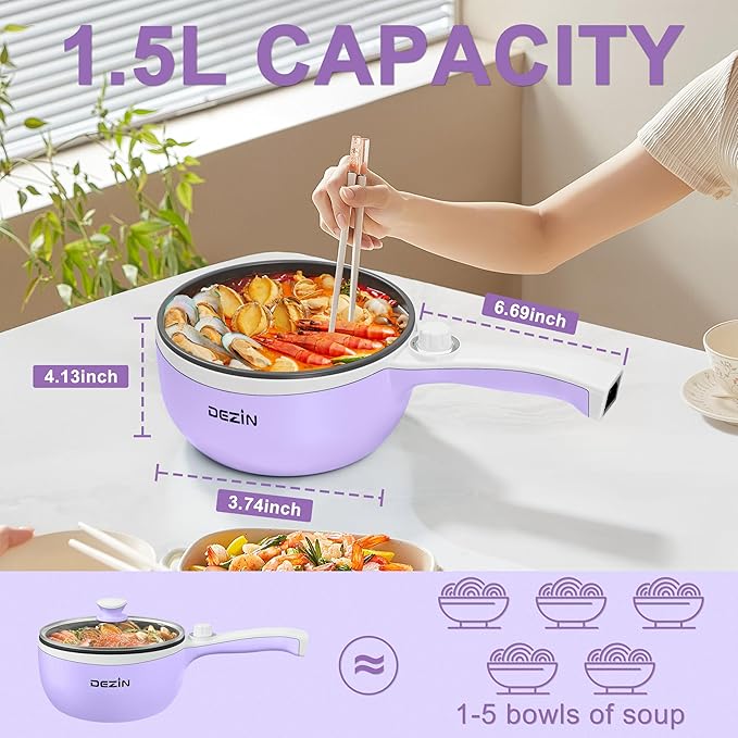 Dezin Hot Pot Electric, 1.5L Non-Stick Portable Electric Pot, Dual Power | 700W Upgraded Electric Pot for Cooking Steak, Egg, Oatmeal, Soup, Mini Ramen Cooker for Dorm, Travel, Camping, RV, Purple Pan