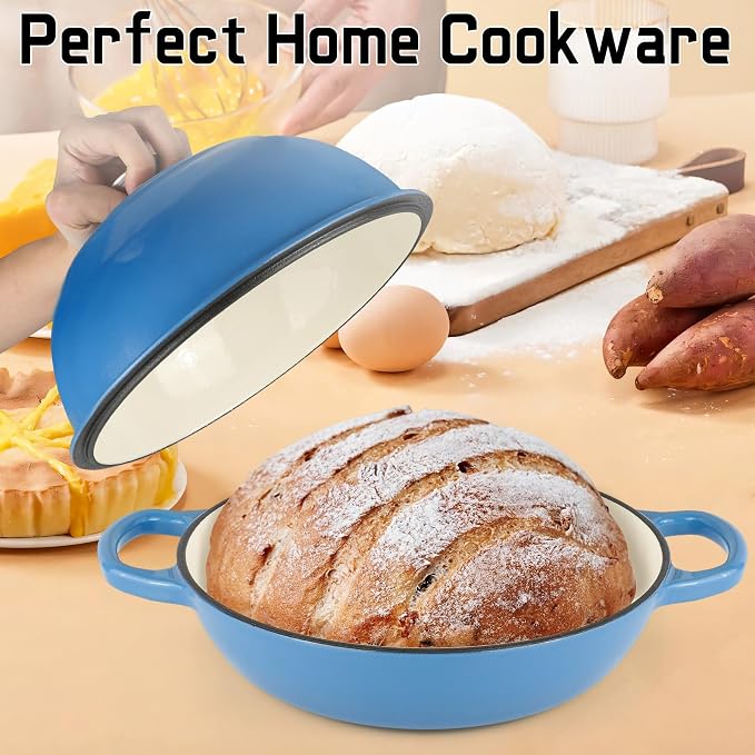 Enameled Cast Iron Bread Oven Dutch Oven Pot with Lid Blue | Bread Dutch Oven for Sourdough Bread Baking, 6 Quarts 10" Bread Pan with Dome Lid, Non-stick Cookware for Homemade Bread