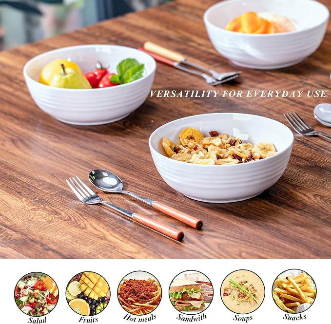 7-Inch Melamine Bowls (Set of 6) - Unbreakable and Reusable Plastic Dinnerware with Ceramic Feel, Stackable and Dishwasher-Safe - Versatile for All Meals (White)